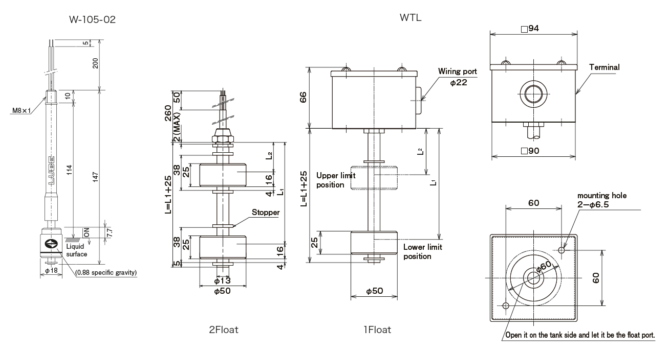 W-105 &middot; WL &middot; WTL Type (oil level switch)Dimensions